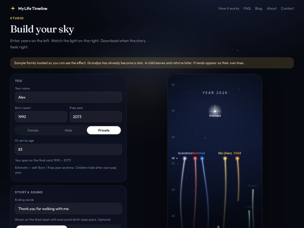 Landing-page snapshot of mylifetimeline.online