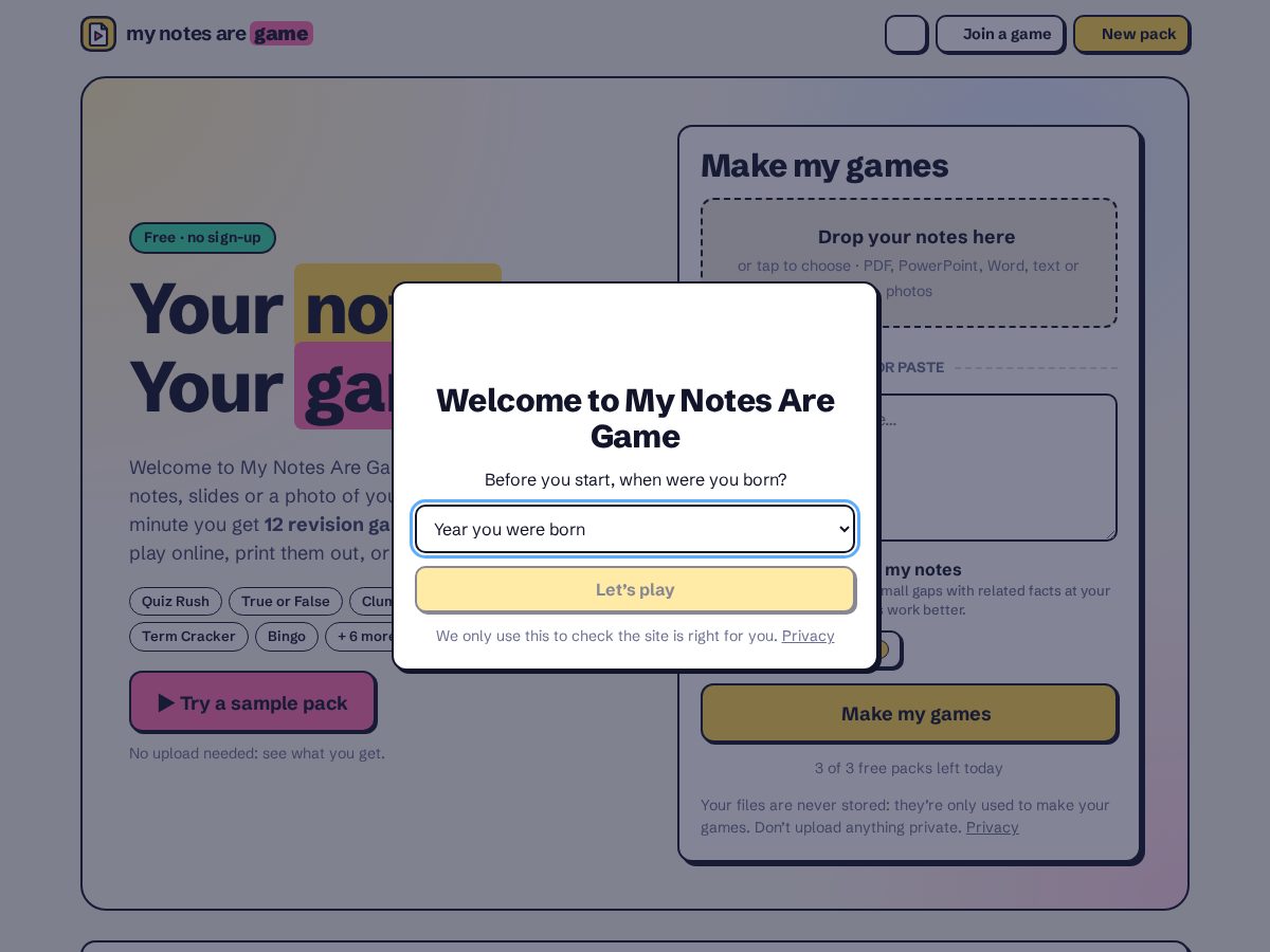 Landing-page snapshot of mynotesaregame.com