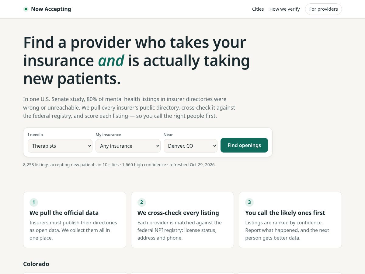Landing-page snapshot of nowacceptingpatients.com