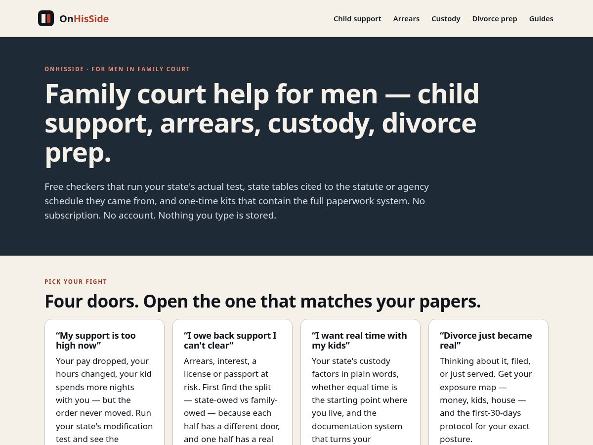 Landing-page snapshot of onhisside.com