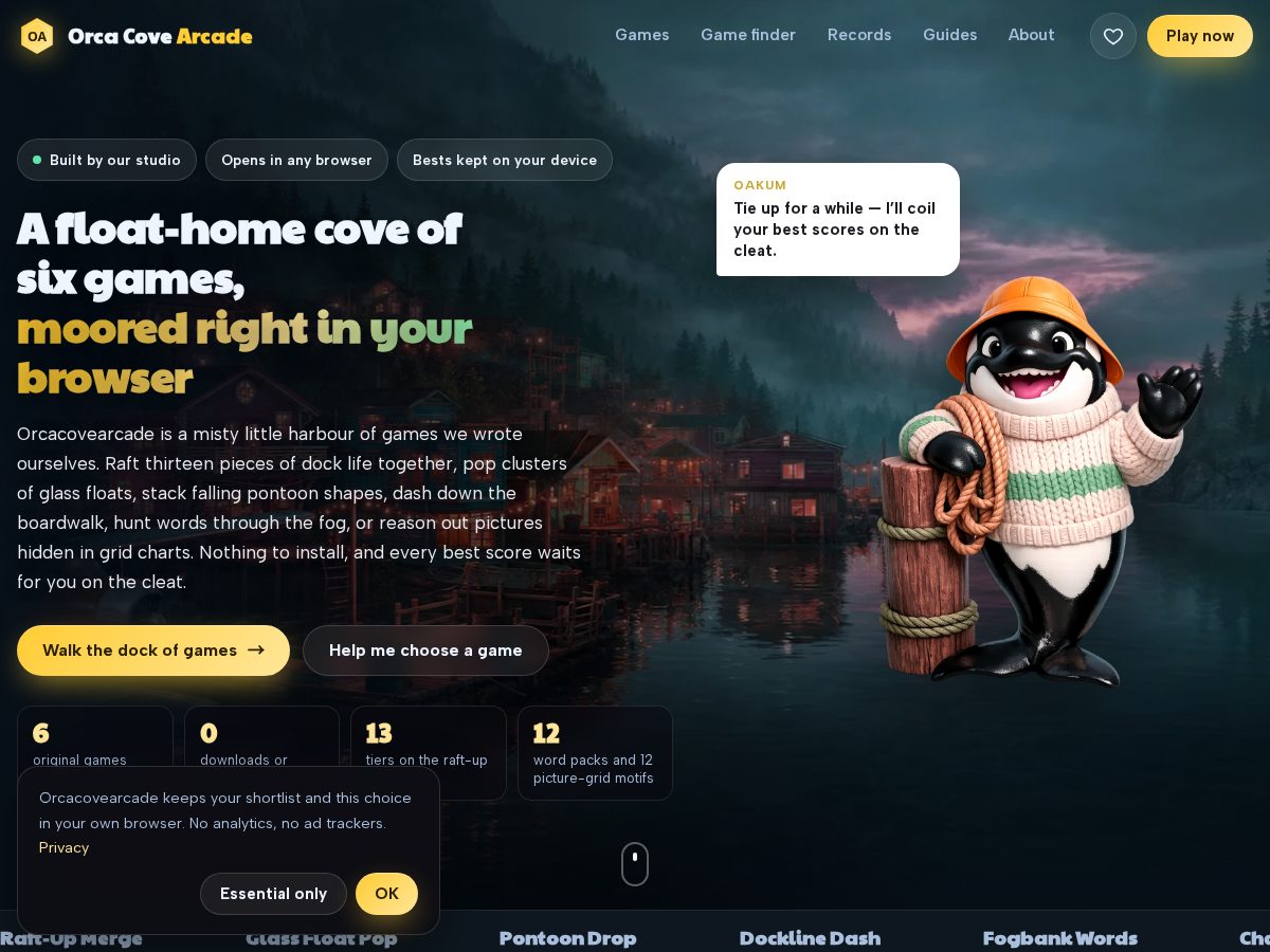 Landing-page snapshot of orcacovearcade.com