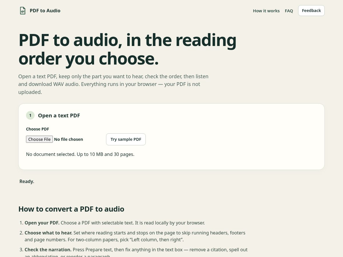 Landing-page snapshot of pdftoaudio.top
