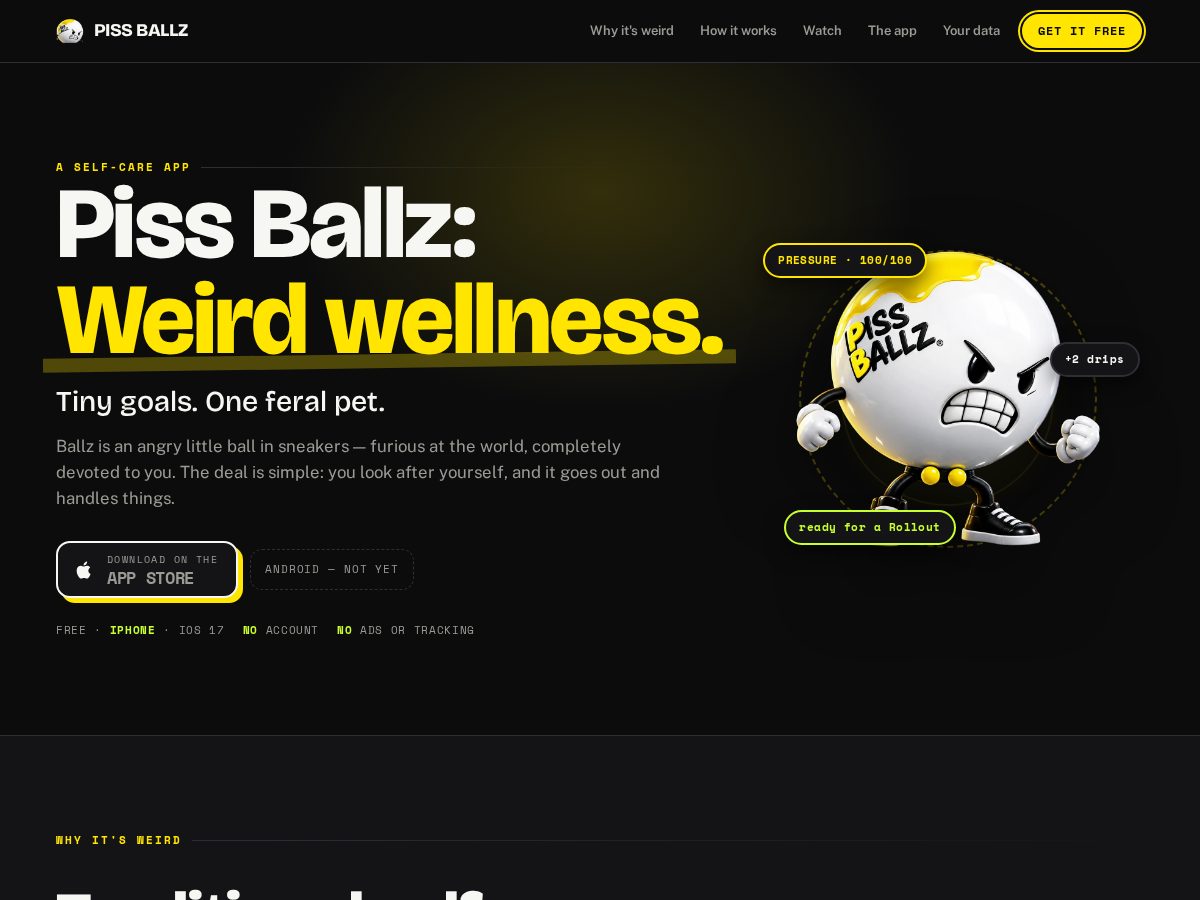 Landing-page snapshot of pissballz.com