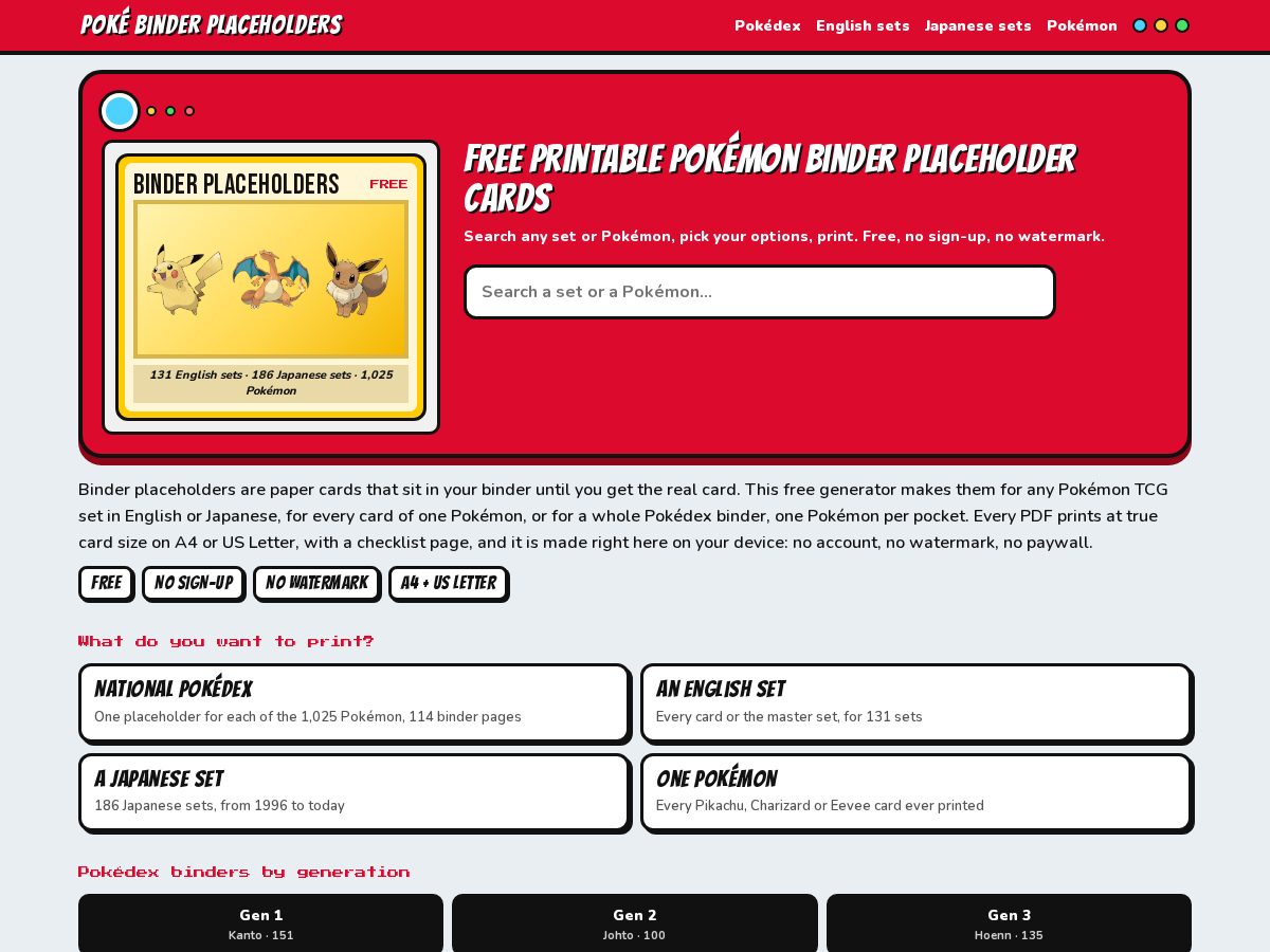 Landing-page snapshot of pokebinderplaceholders.com