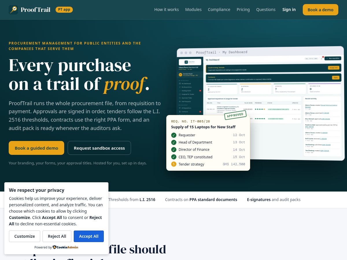 Landing-page snapshot of prooftrailapp.com