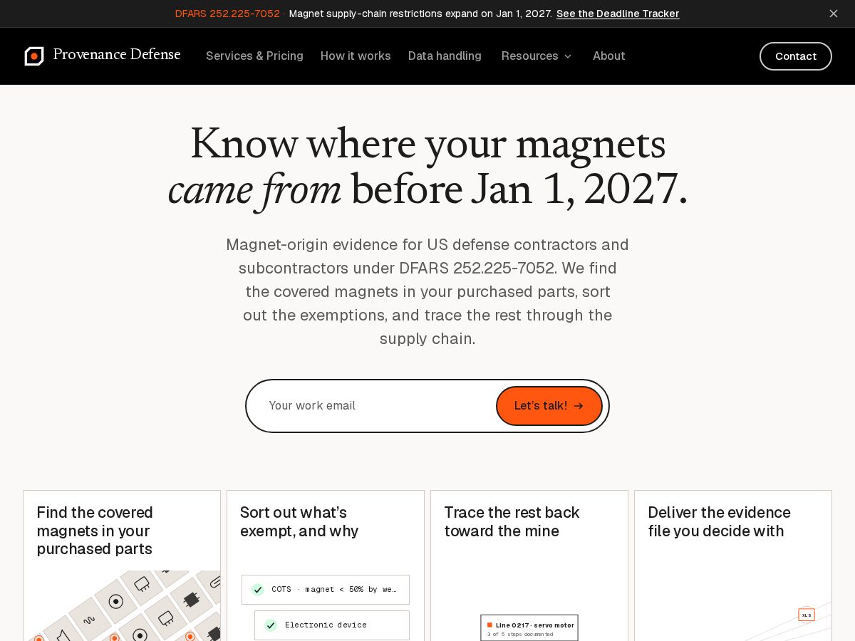 Landing-page snapshot of provenancedefense.com