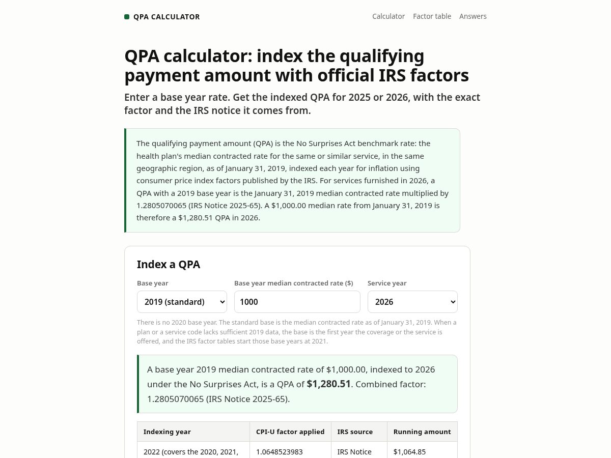 Landing-page snapshot of qpacalculator.com