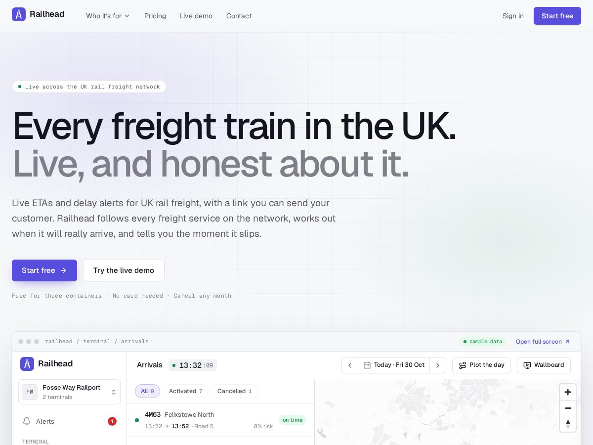 Landing-page snapshot of railhead.app