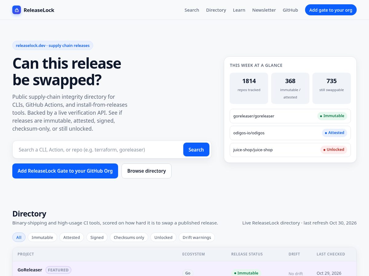 Landing-page snapshot of releaselock.dev