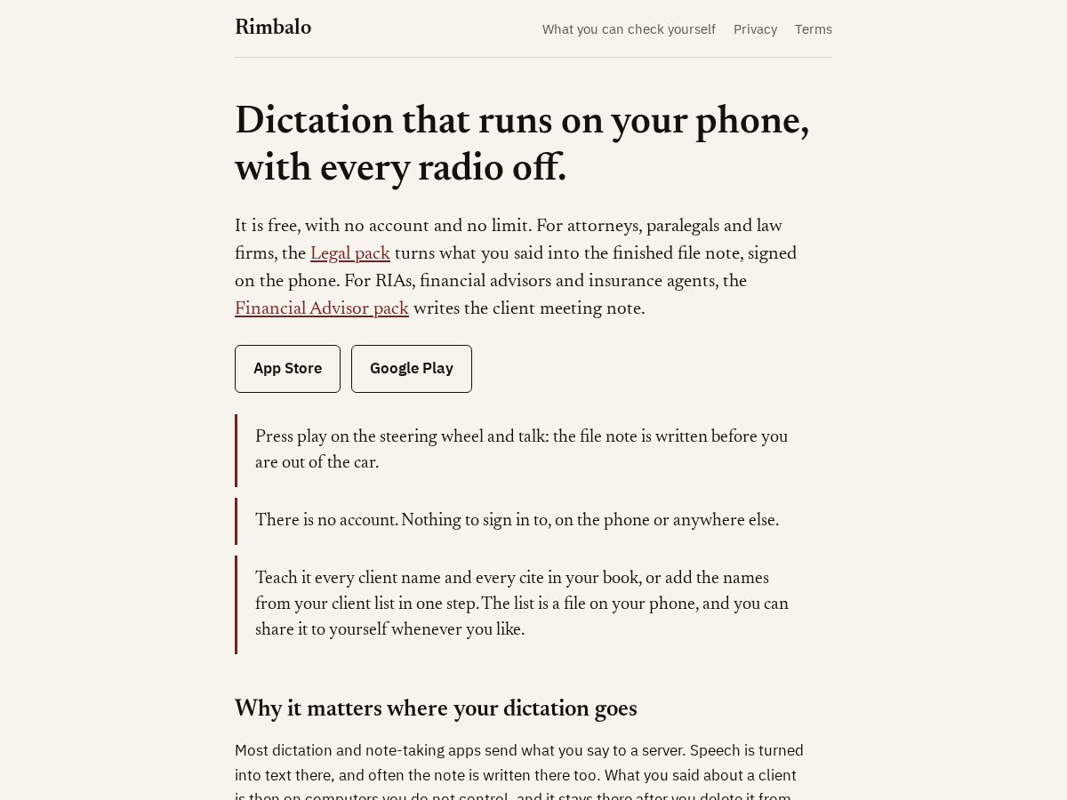 Landing-page snapshot of rimbalo.app