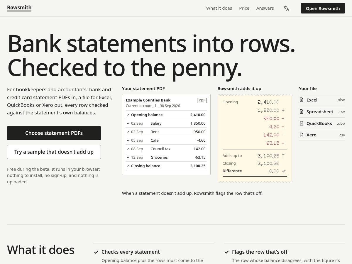 Landing-page snapshot of rowsmith.app