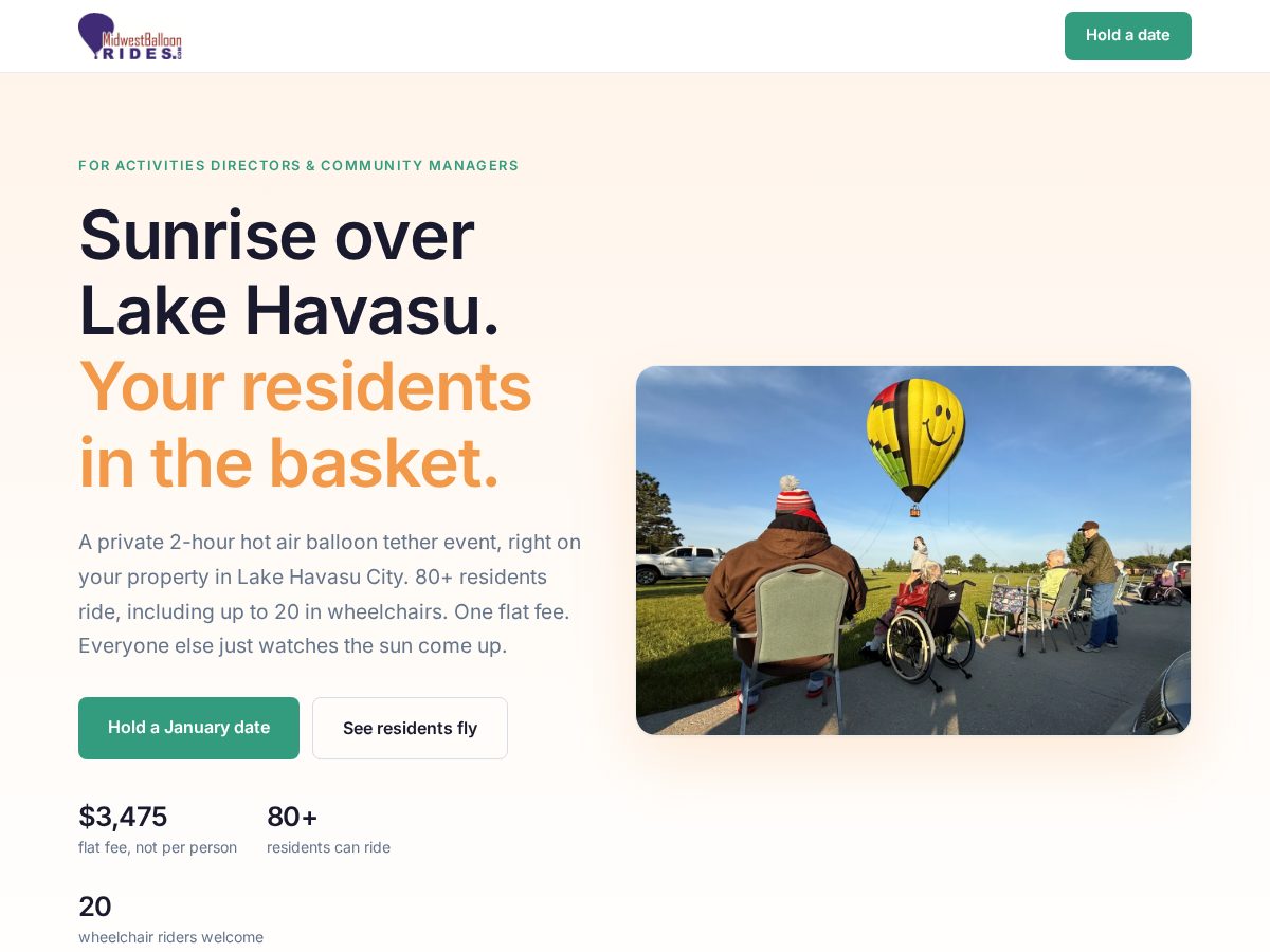 Landing-page snapshot of seniorballoontether.com