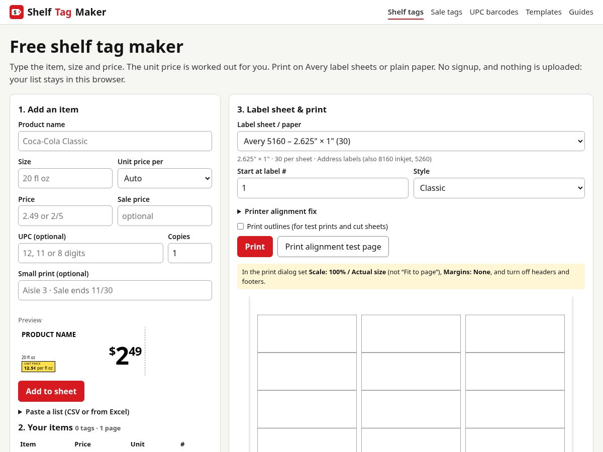 Landing-page snapshot of shelftagmaker.com