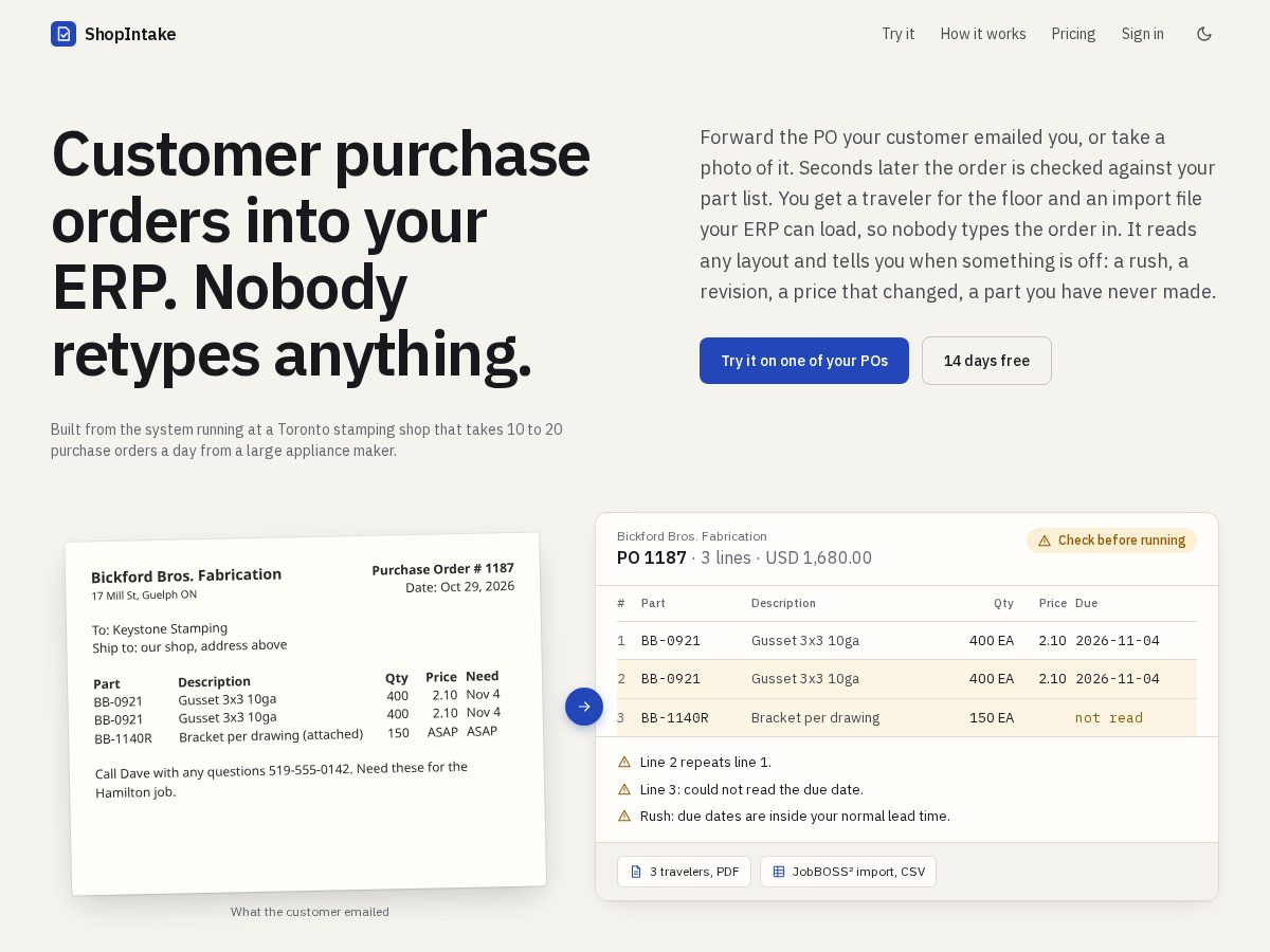 Landing-page snapshot of shop-intake.com