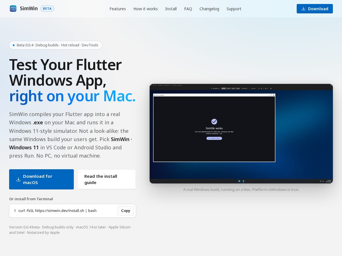 Landing-page snapshot of simwin.dev