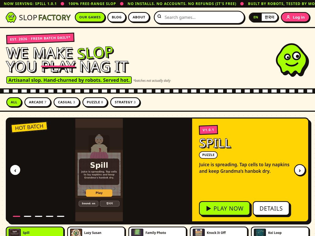 Landing-page snapshot of slopfactory.games