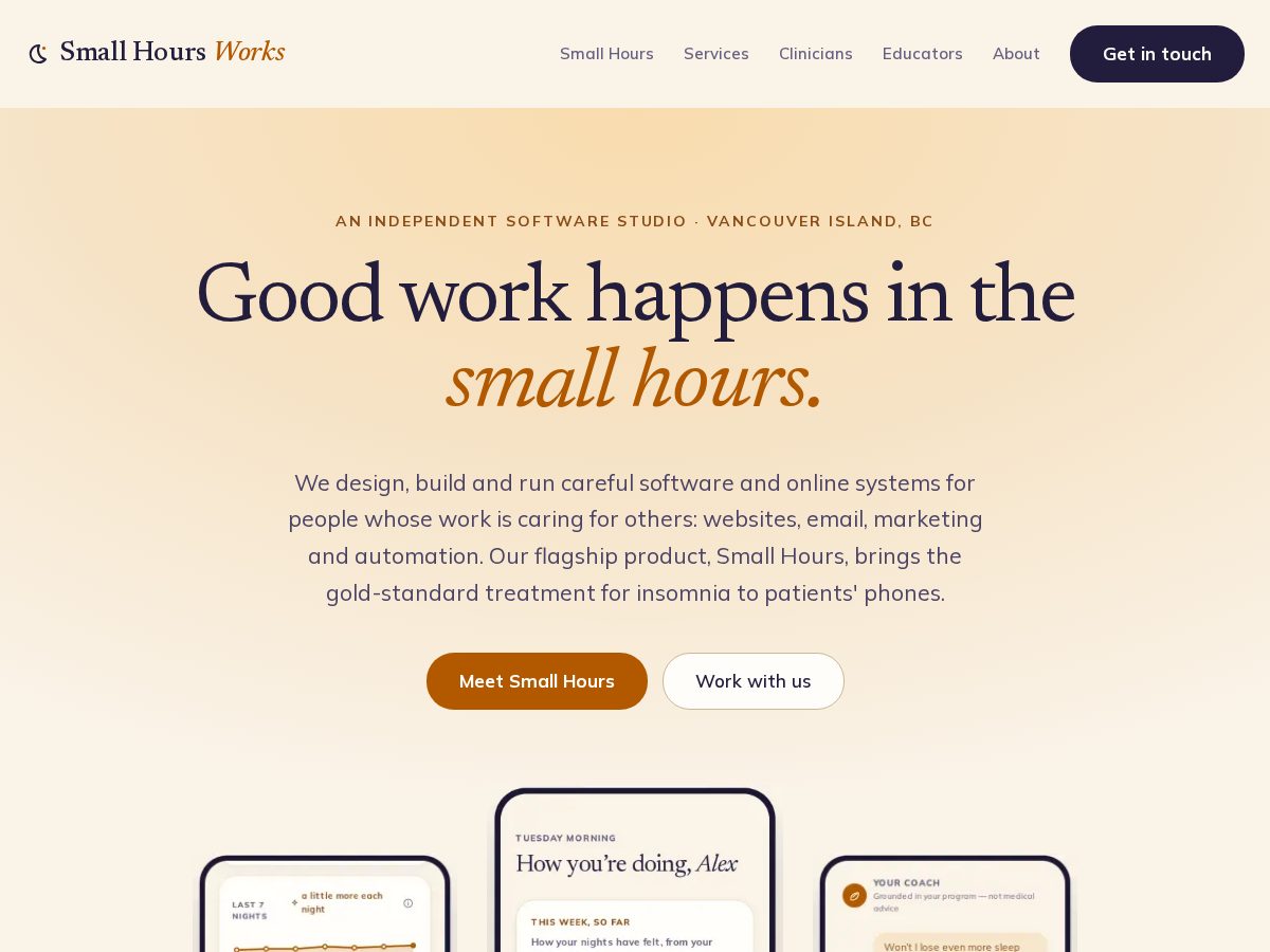 Landing-page snapshot of smallhoursworks.com