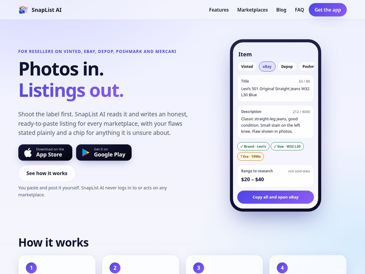Landing-page snapshot of snaplistai.app
