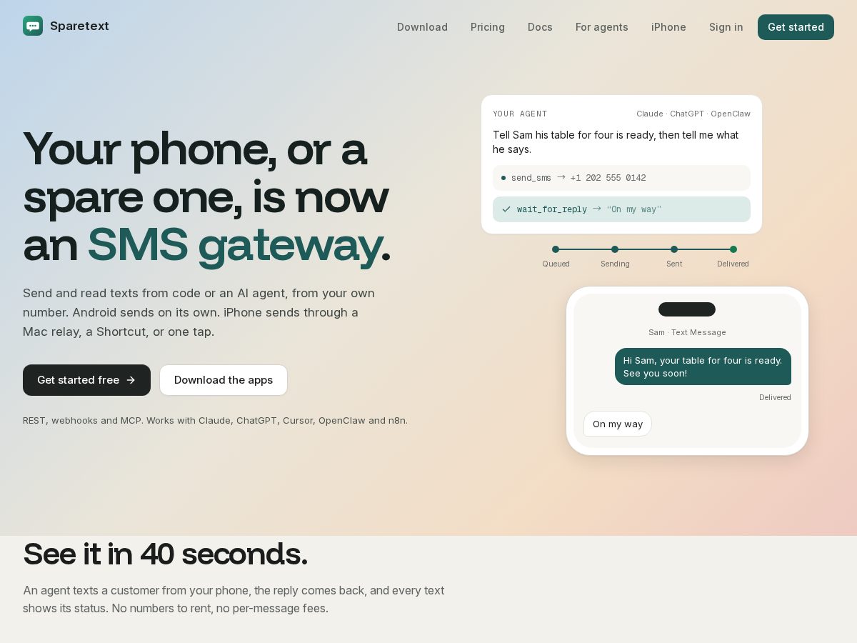Landing-page snapshot of sparetext.app