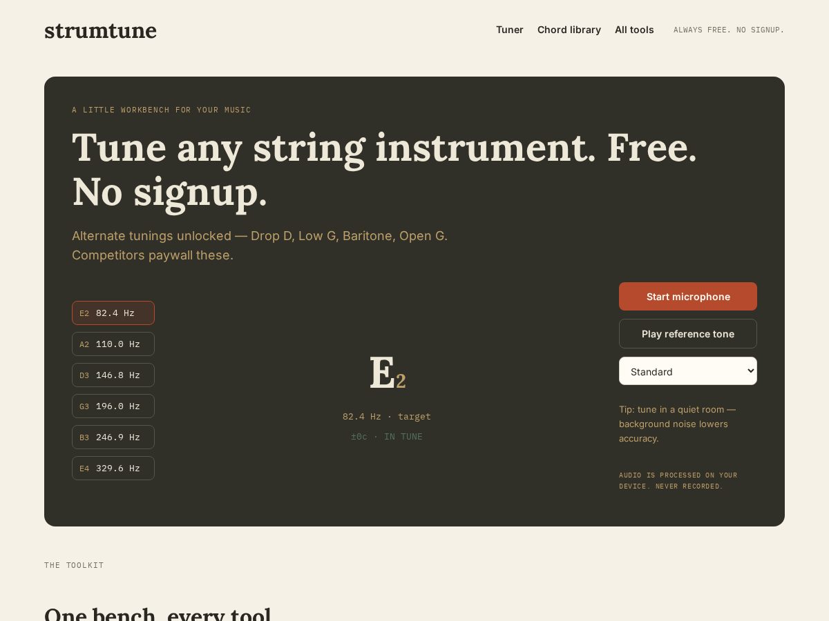 Landing-page snapshot of strumtune.com