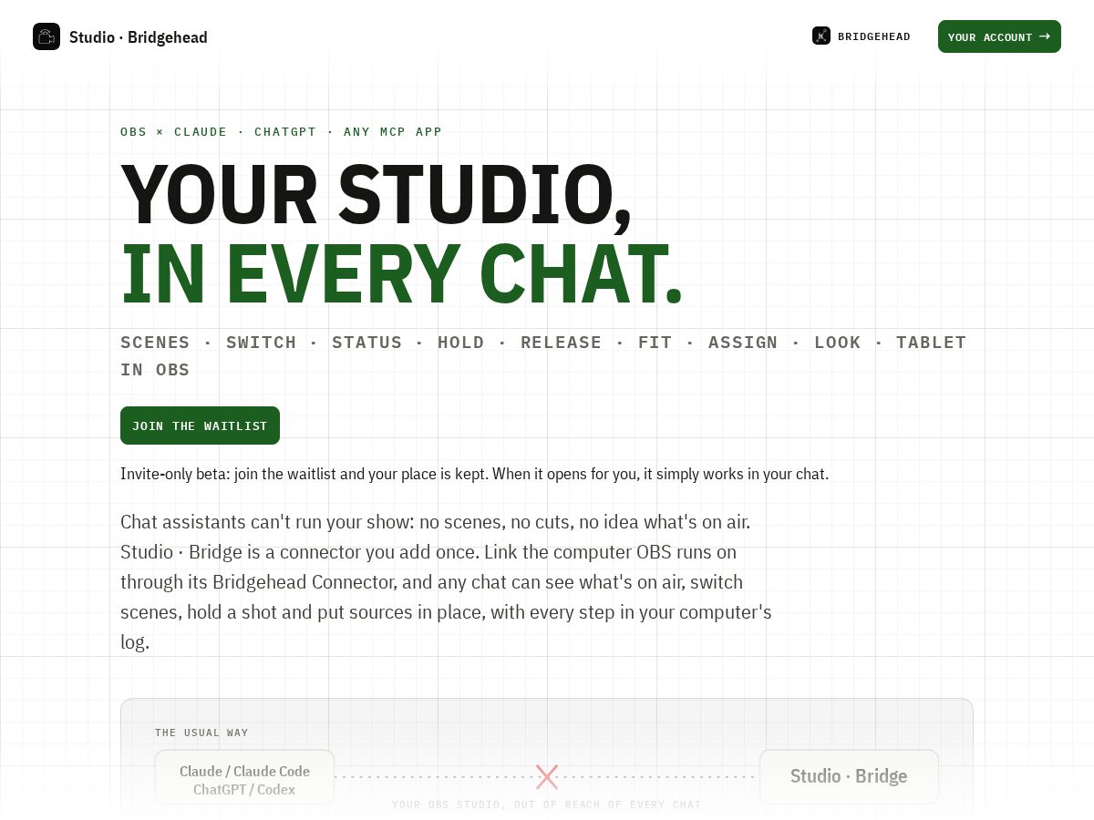 Landing-page snapshot of studiobridge.fyi