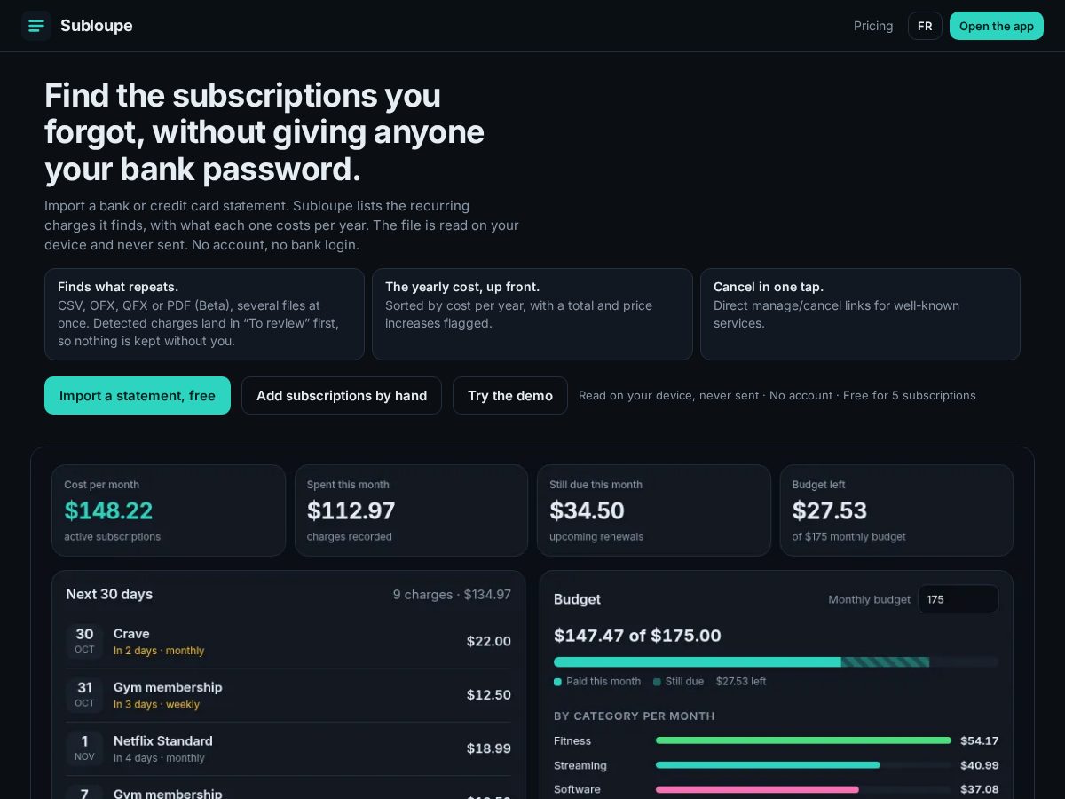 Landing-page snapshot of subloupe.app