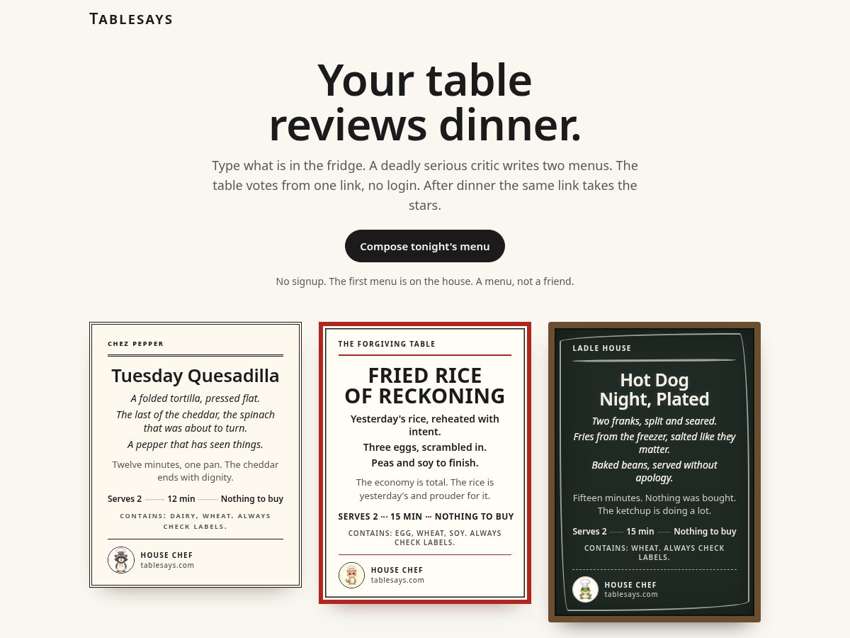 Landing-page snapshot of tablesays.com