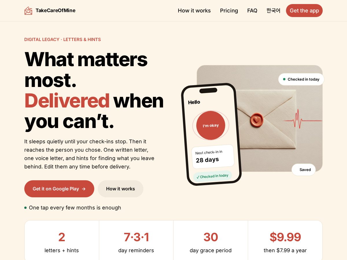 Landing-page snapshot of takecareofmine.work
