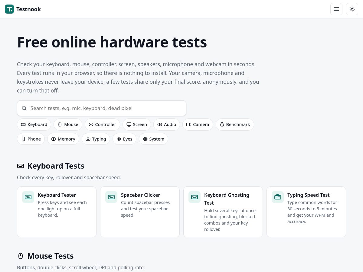 Landing-page snapshot of testnook.com