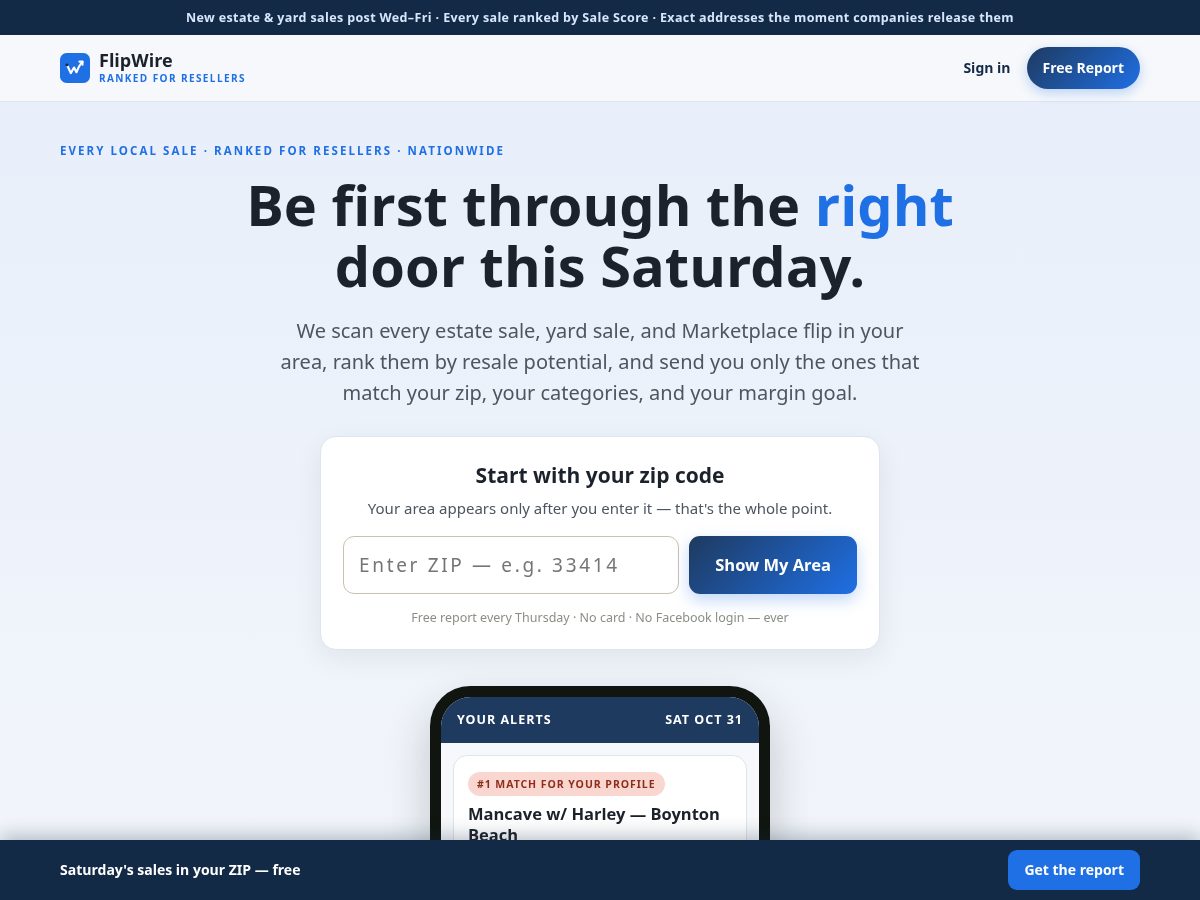 Landing-page snapshot of theflipwire.com