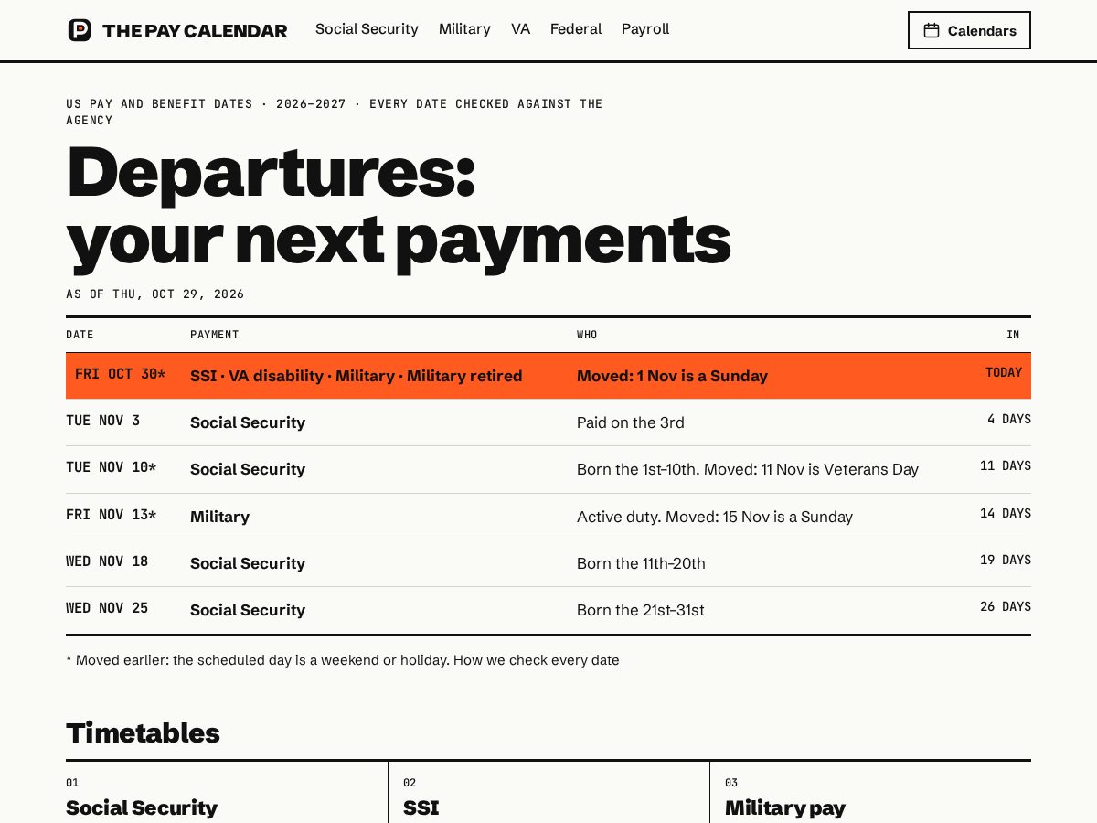 Landing-page snapshot of thepaycalendar.com
