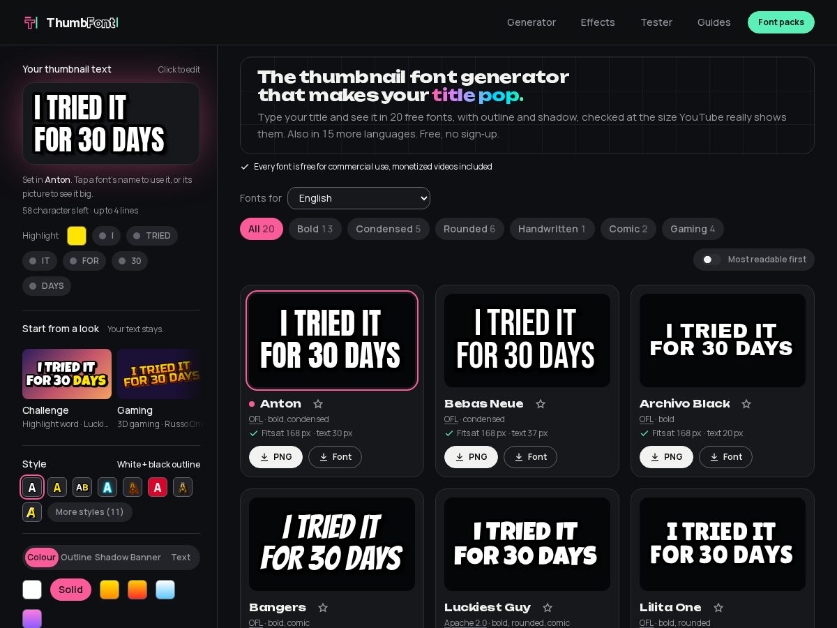 Landing-page snapshot of thumbfont.com