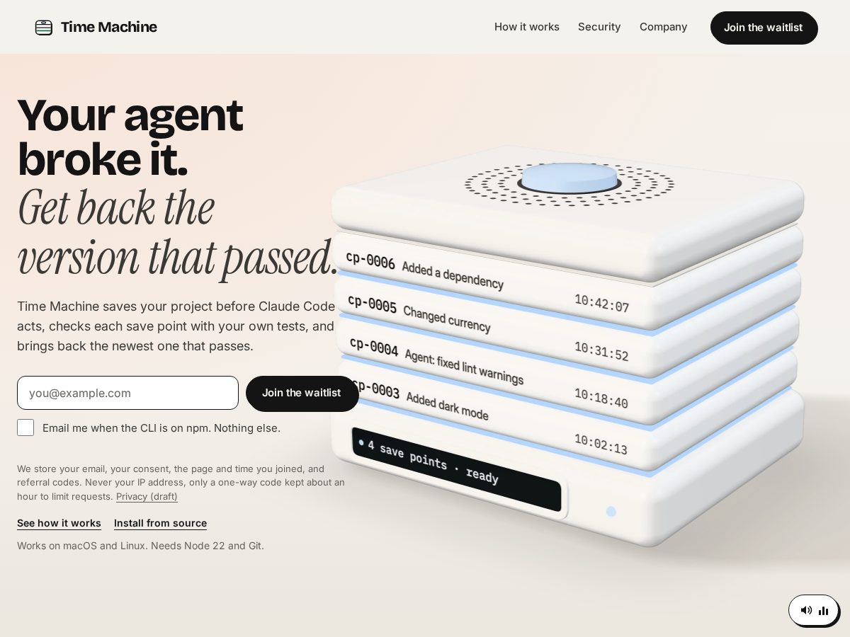 Landing-page snapshot of time-machine.company