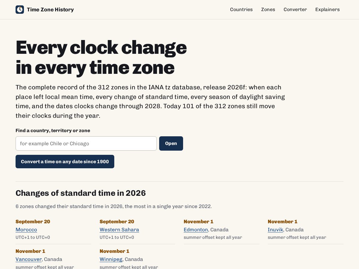 Landing-page snapshot of timezonehistory.online