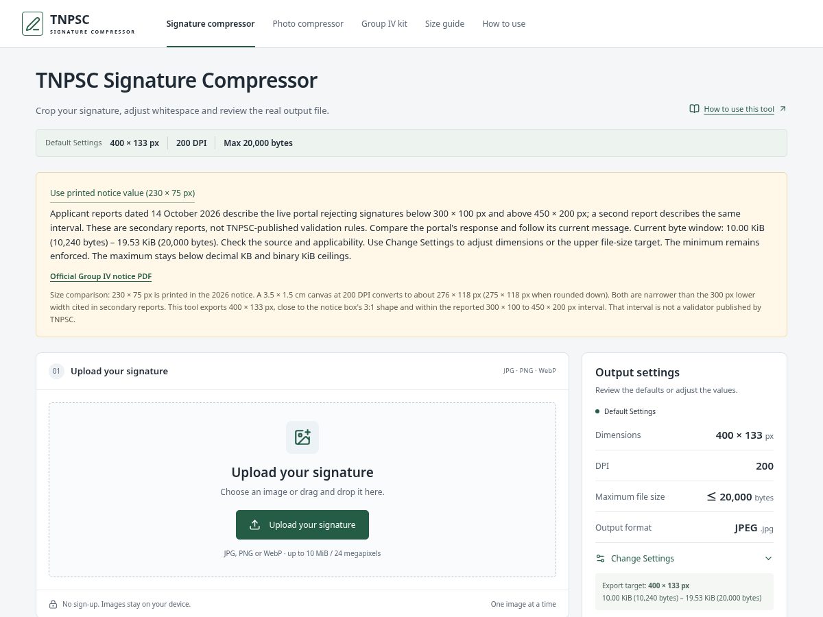 Landing-page snapshot of tnpscsignaturecompressor.com