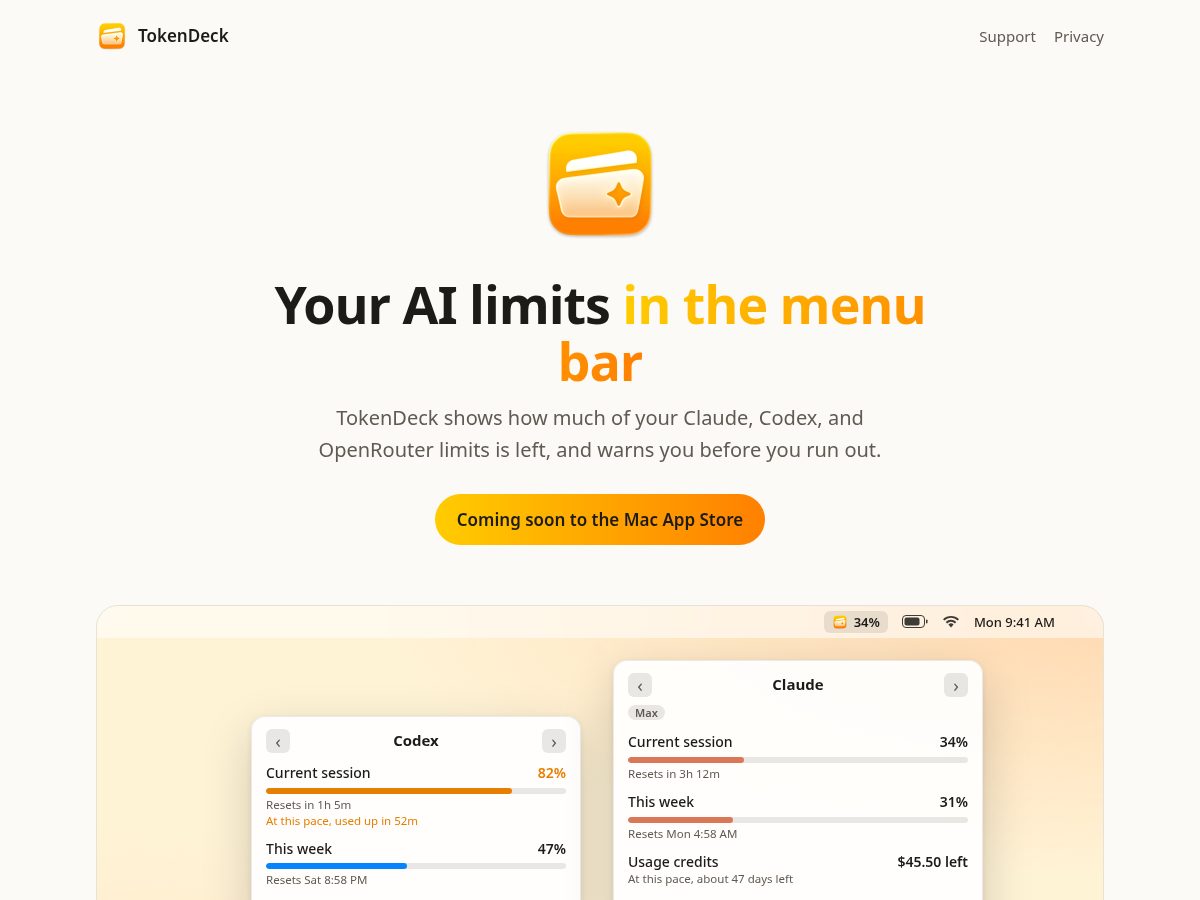 Landing-page snapshot of tokendeck.app