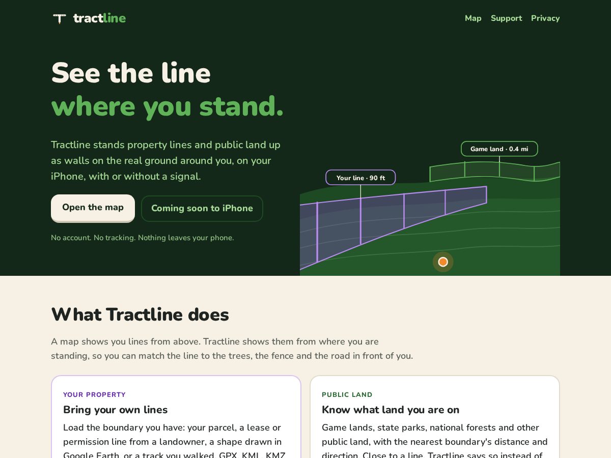 Landing-page snapshot of tractline.app