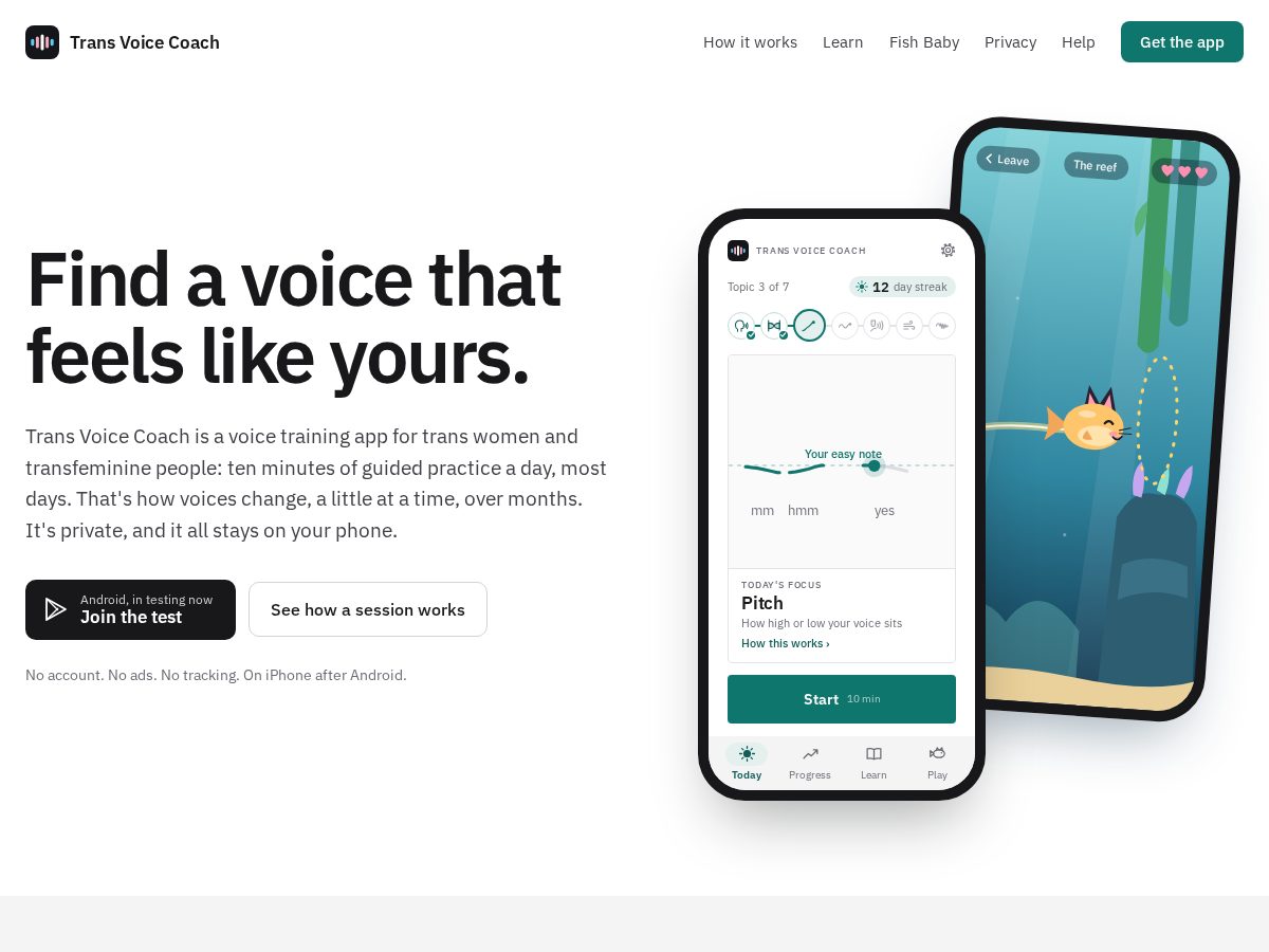 Landing-page snapshot of transvoicecoach.app