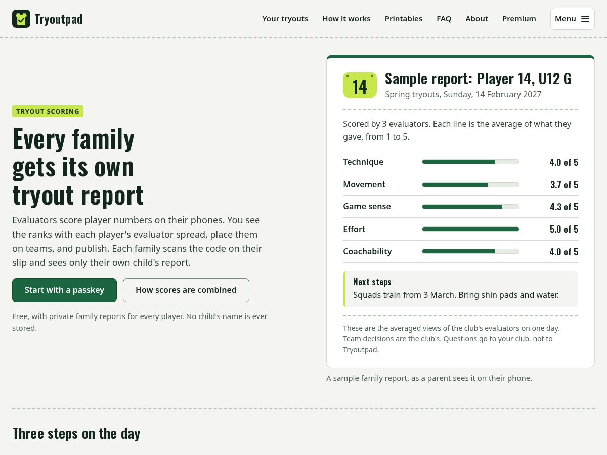 Landing-page snapshot of tryoutpad.com