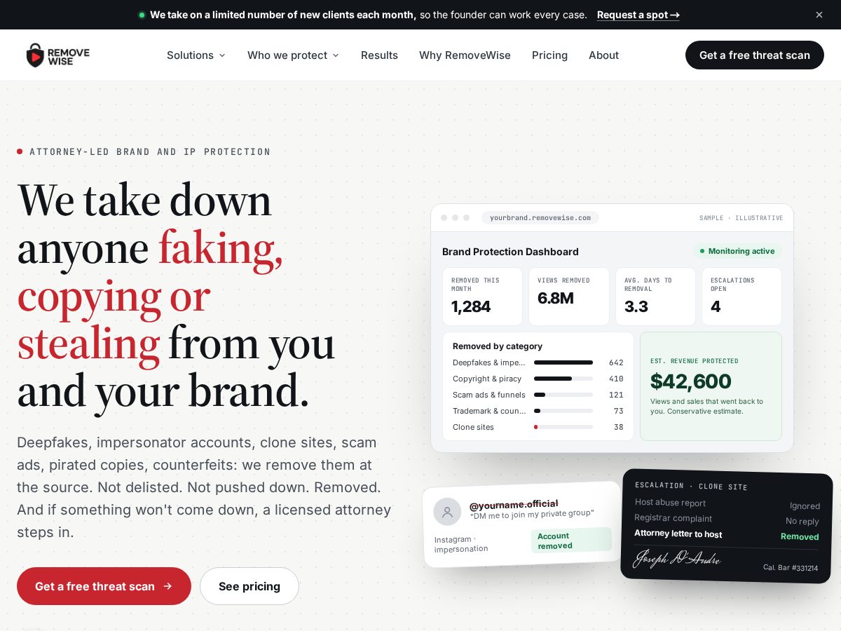 Landing-page snapshot of tryremovewise.com