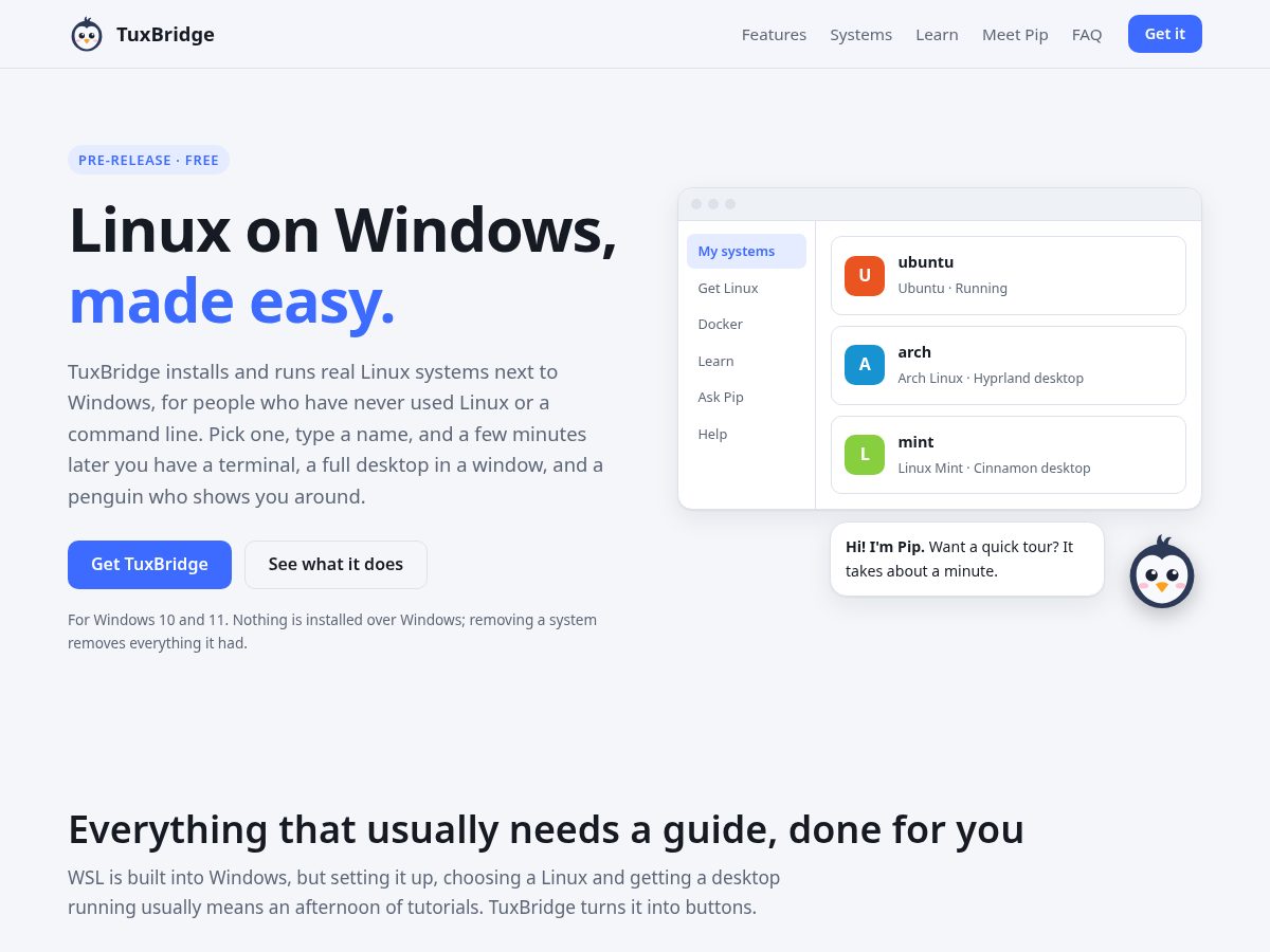 Landing-page snapshot of tuxbridge.com