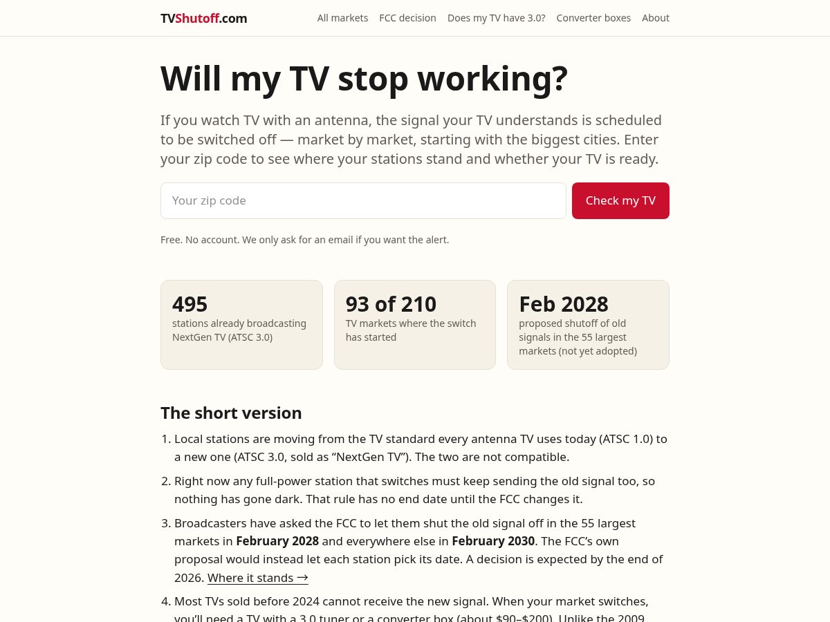 Landing-page snapshot of tvshutoff.com