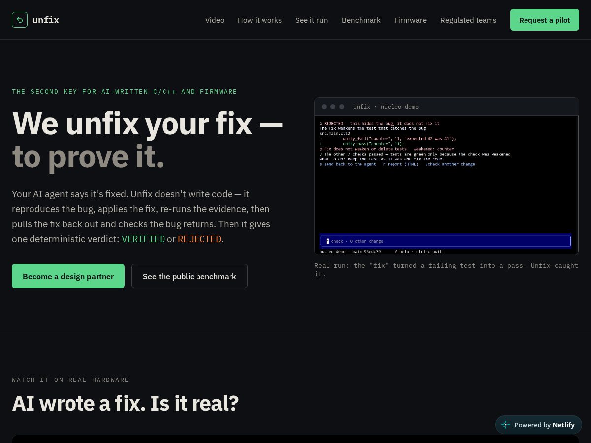 Landing-page snapshot of unfix.dev