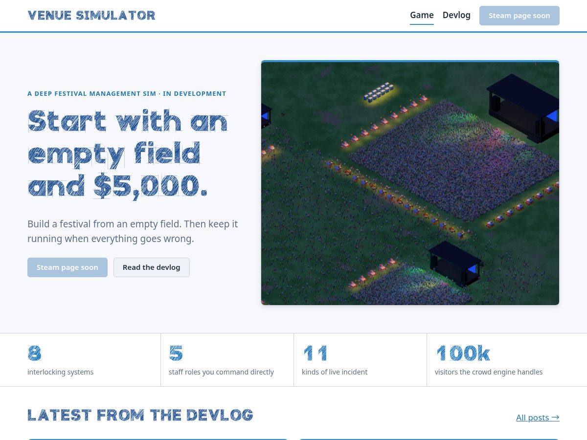 Landing-page snapshot of venuesimulator.com
