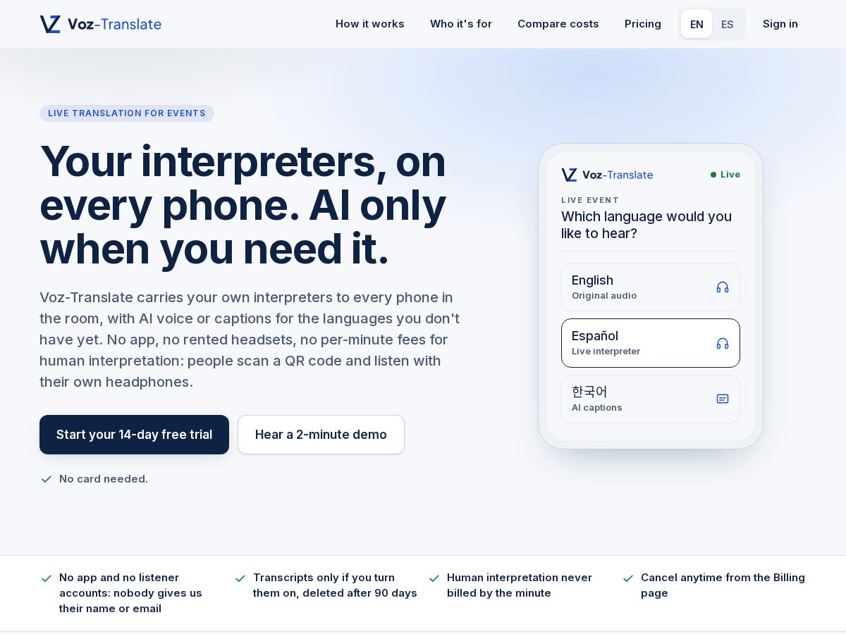 Landing-page snapshot of voz-translate.com