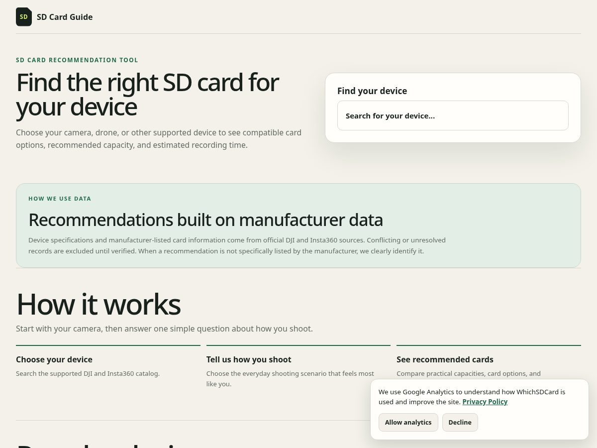 Landing-page snapshot of whichsdcard.com