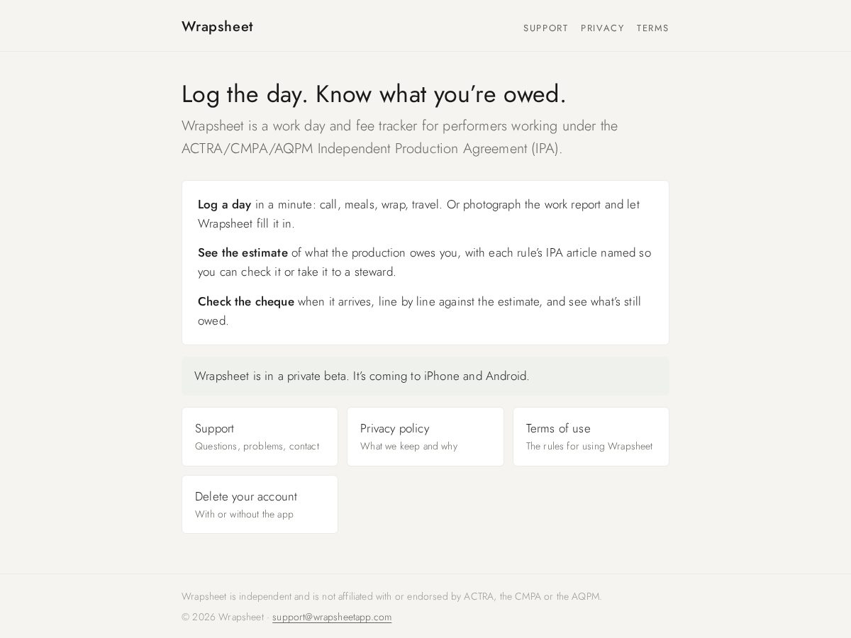 Landing-page snapshot of wrapsheetapp.com