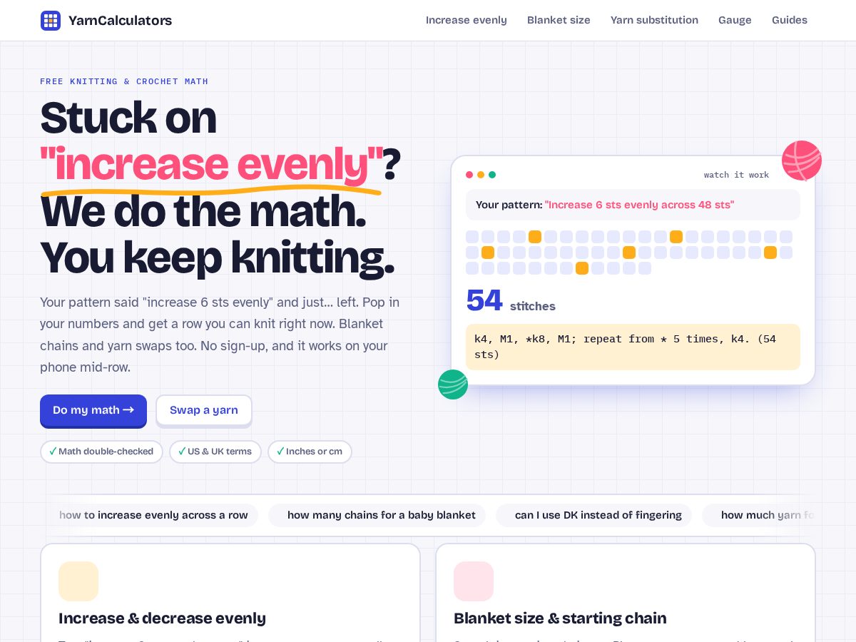 Landing-page snapshot of yarncalculators.com