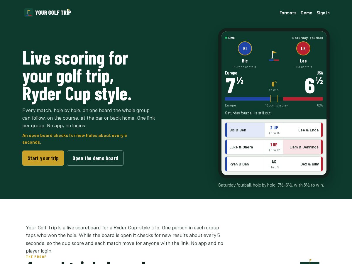 Landing-page snapshot of yourgolftrip.app