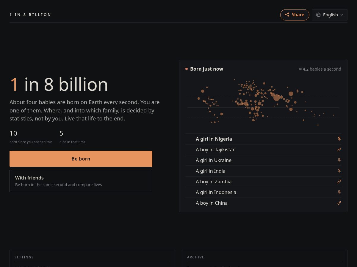 Landing-page snapshot of 1in8billion.game